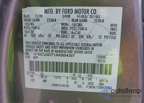 2010 Ford Escape Xlt z USA, uszkodzony, nr VIN 1FMCU0D71AKB54307